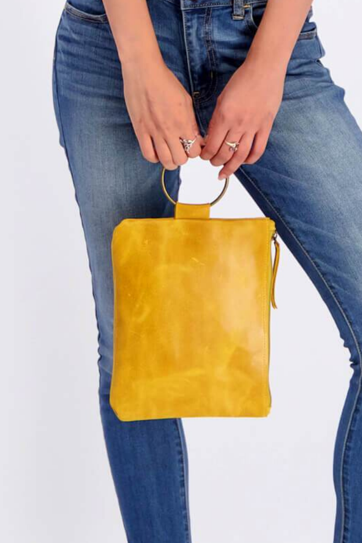 yellow Leather Clutch, Leather Wristlet, Leather Clutch with Bracelet Handle, Soft Leather, Clutch Purse, Evening Bag, Wristlet Leather Bag ||Mustard||