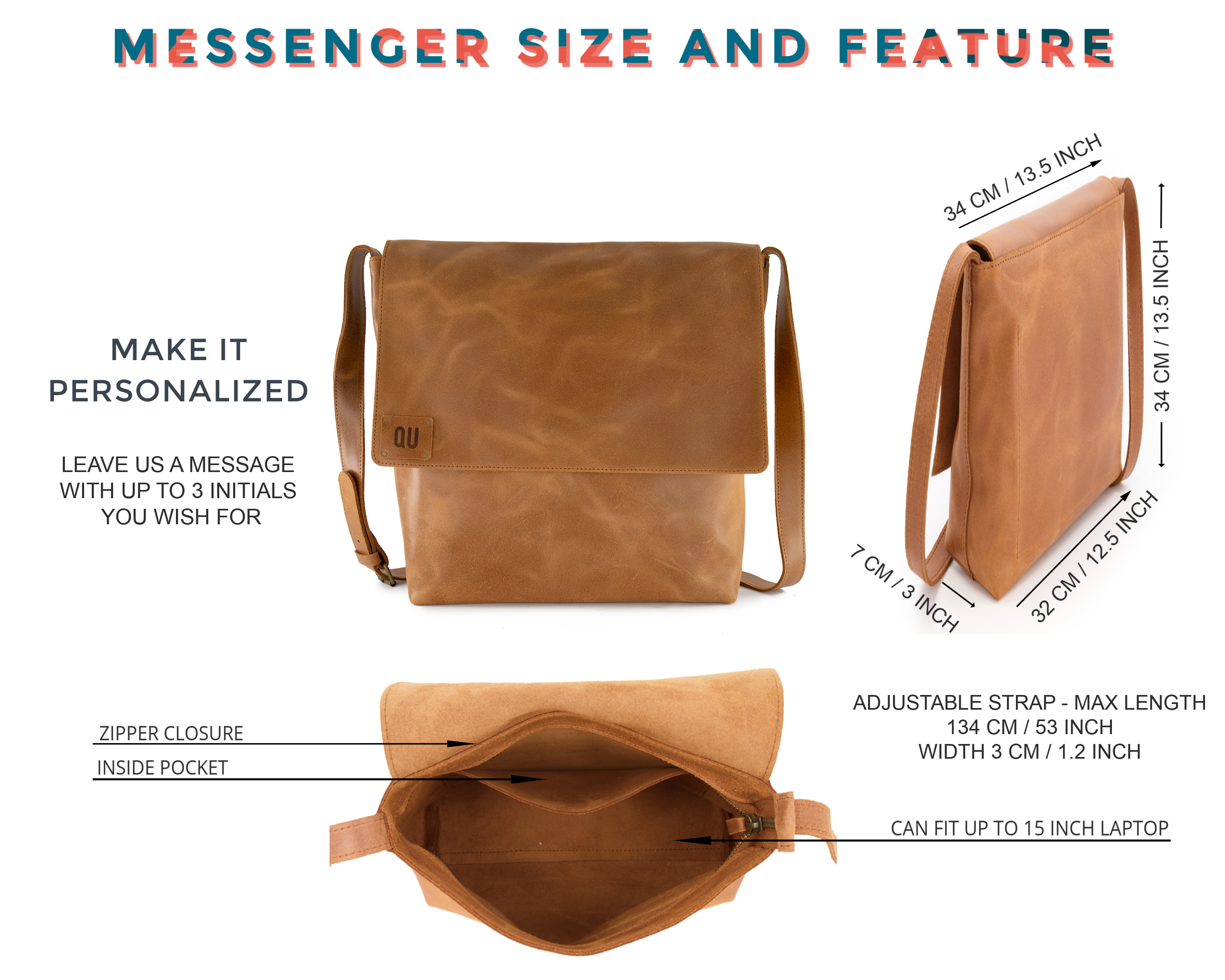 Large Soft Leather Crossbody Bag, Laptop Messenger Bag