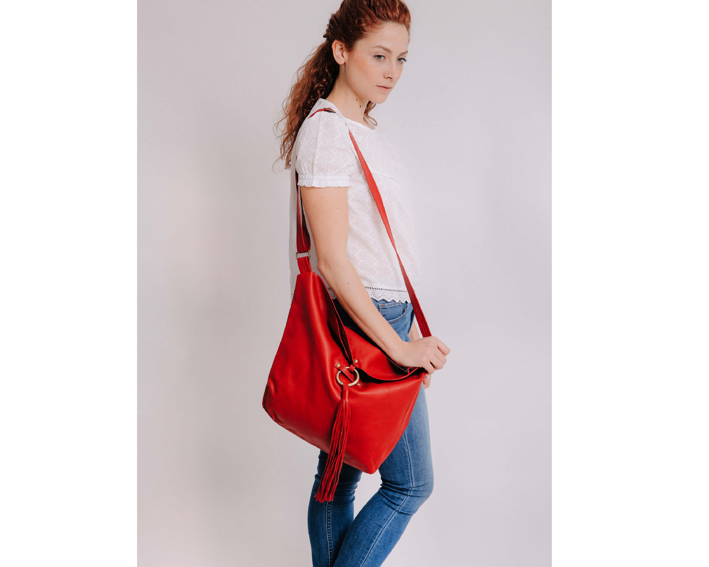 Small Red Leather Hobo Bag - Slouchy Shoulder Purse