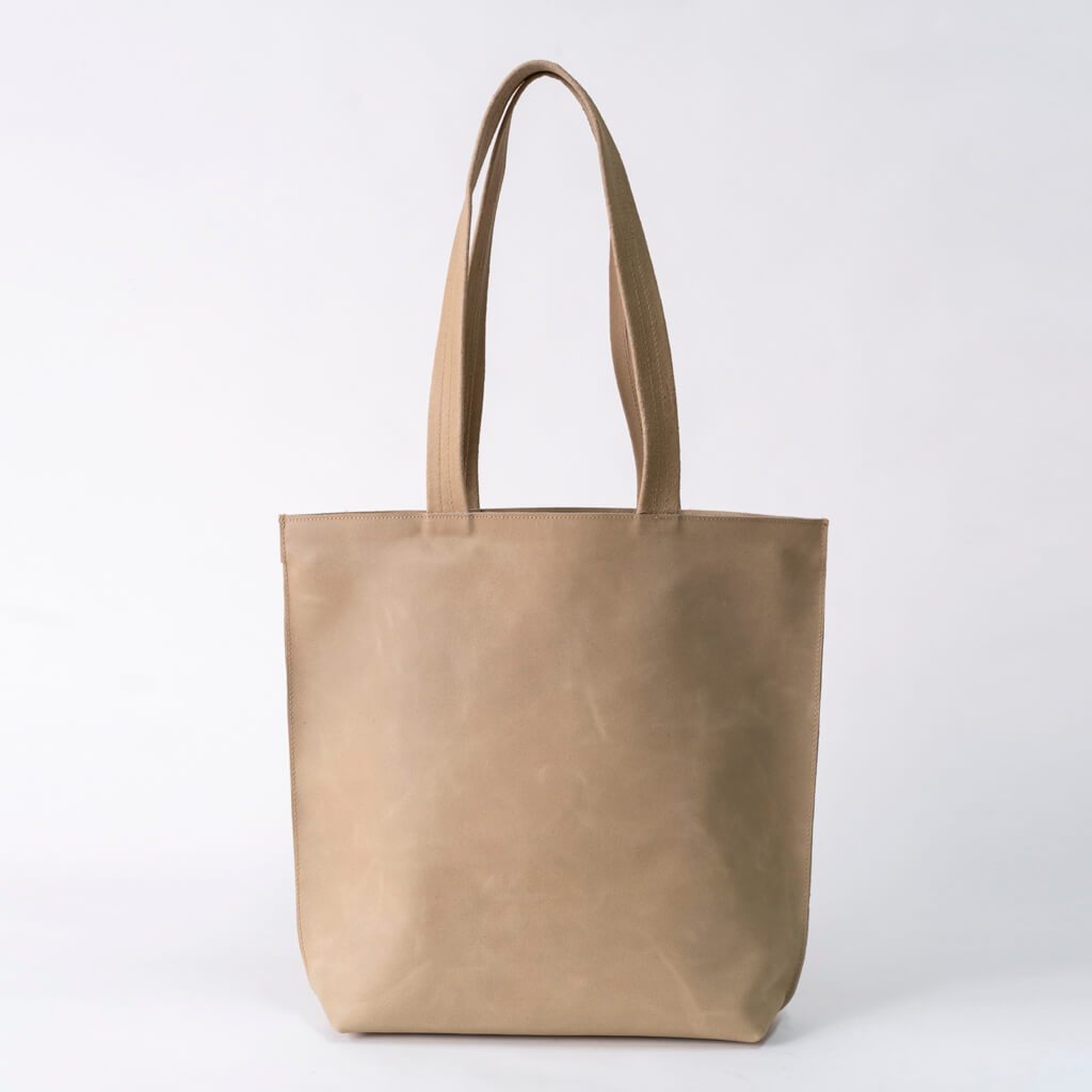 Beige Genuine Leather Top Handle Zip Tote Bag