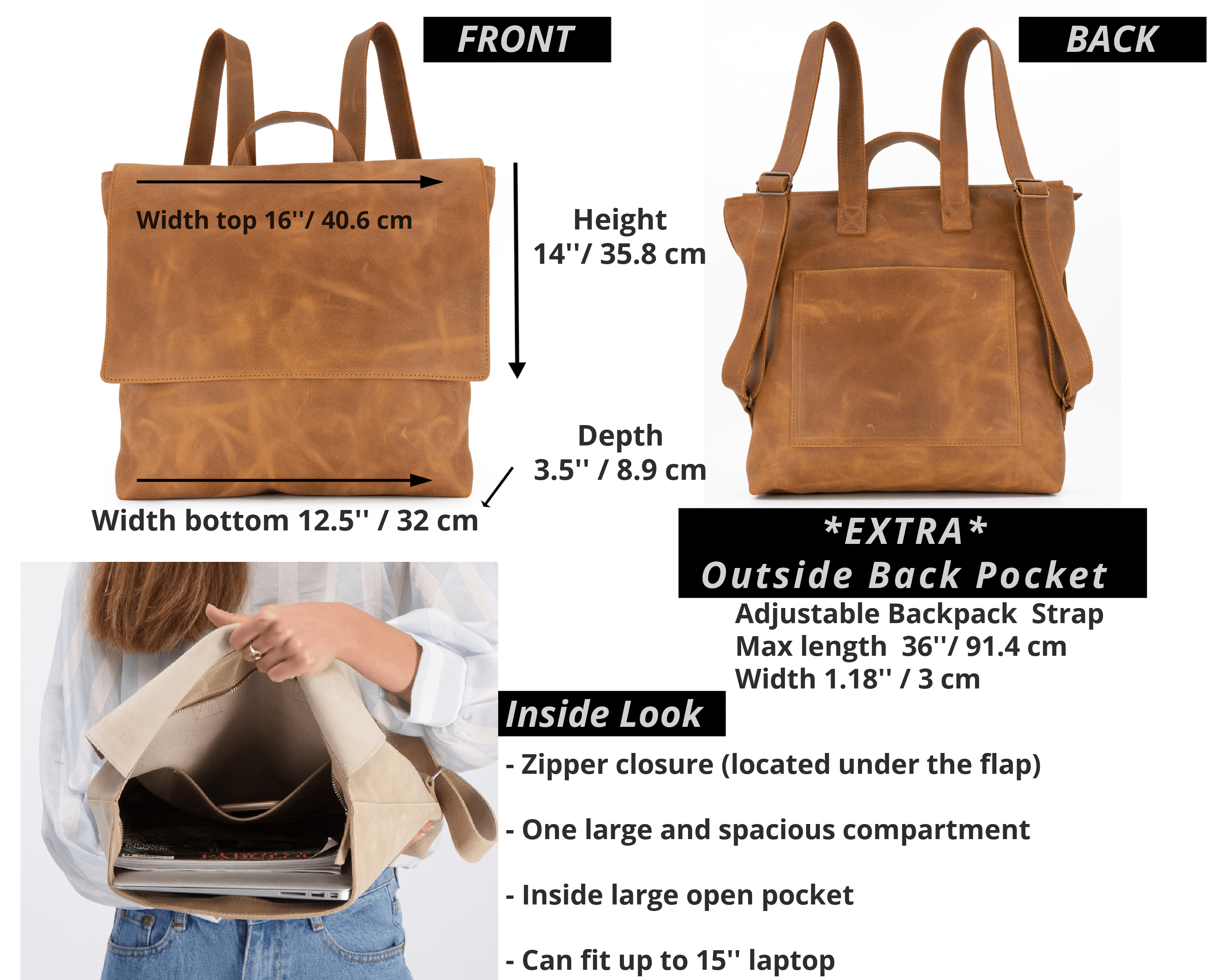 Brown Leather Flap Shoulder Tote Bags Zipper Office Bags
