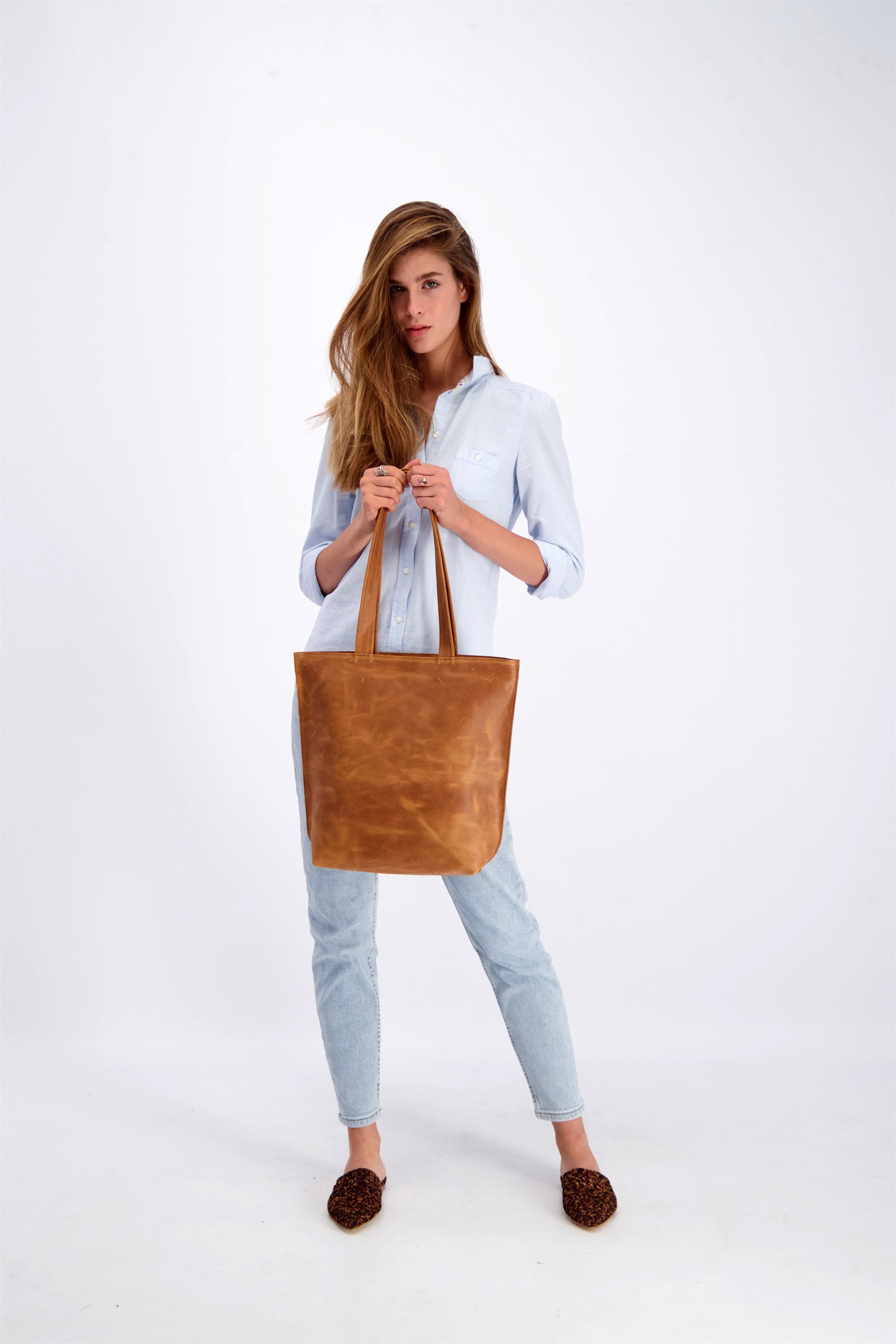 Women's Zipper Leather Tote Bag