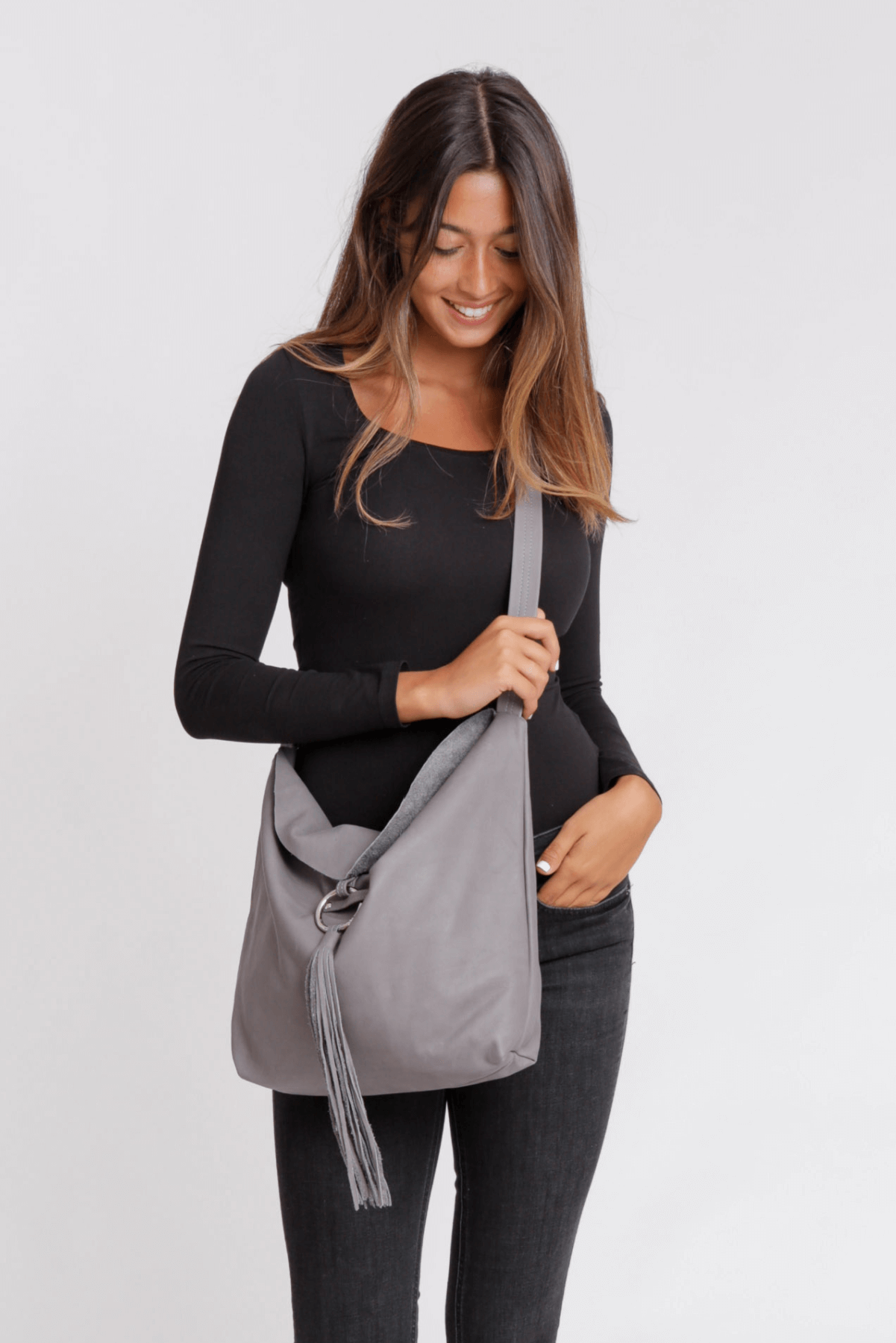 Hobo Crossbody Bag, Leather Purse | Mayko Bags Gray / No Lining