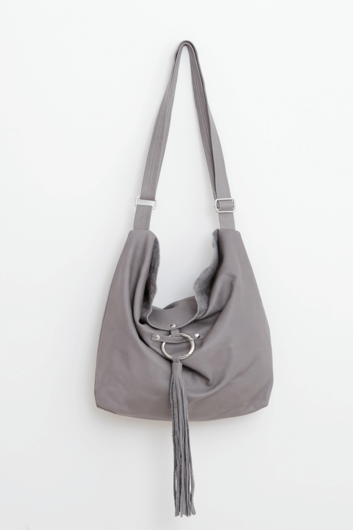 leather hobo bag, fringe bag, leather cross body bag, soft leather bag ||Gray||