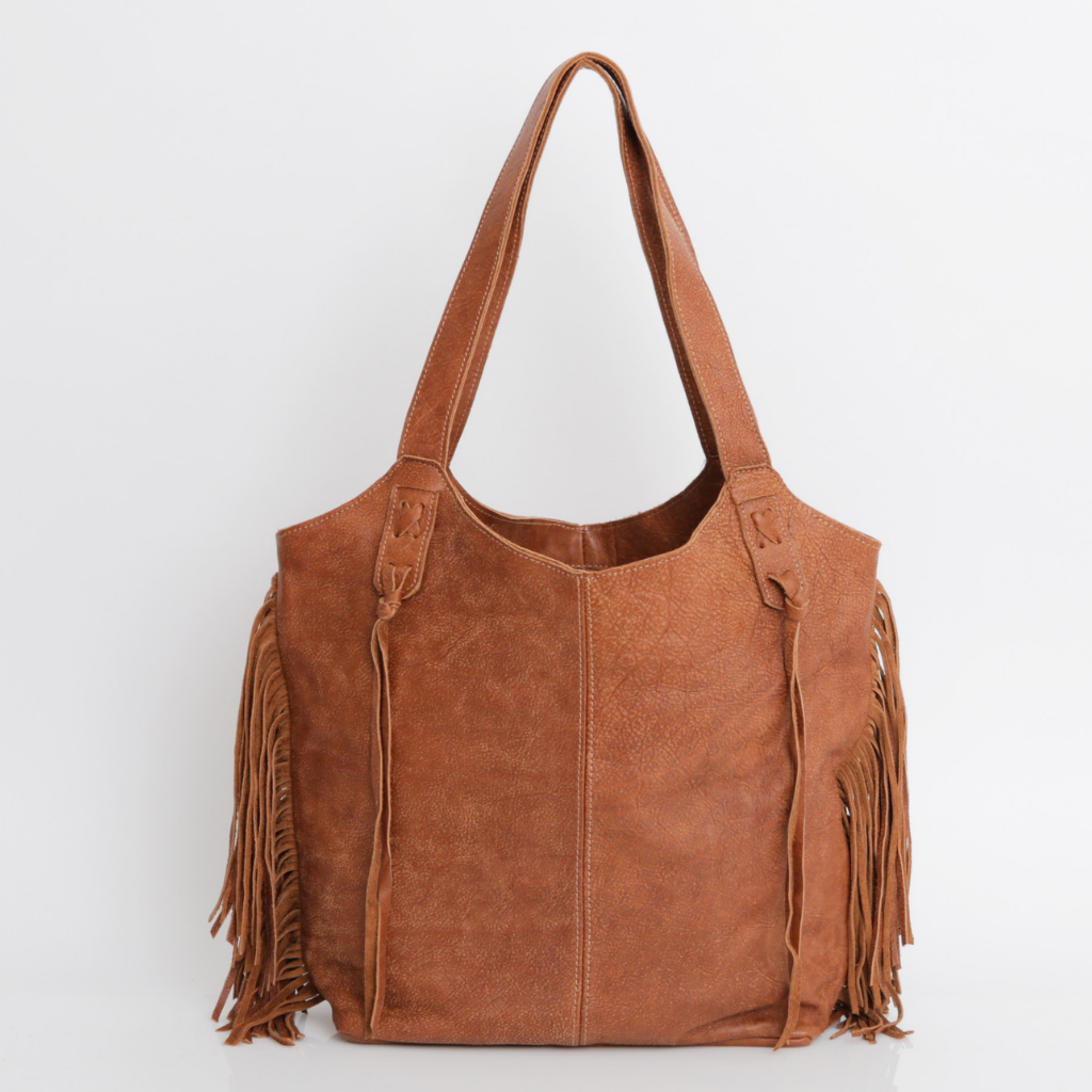 French Tote - with Boho Fringe, Braided Handle Dirty Blonde with Front Fringe
