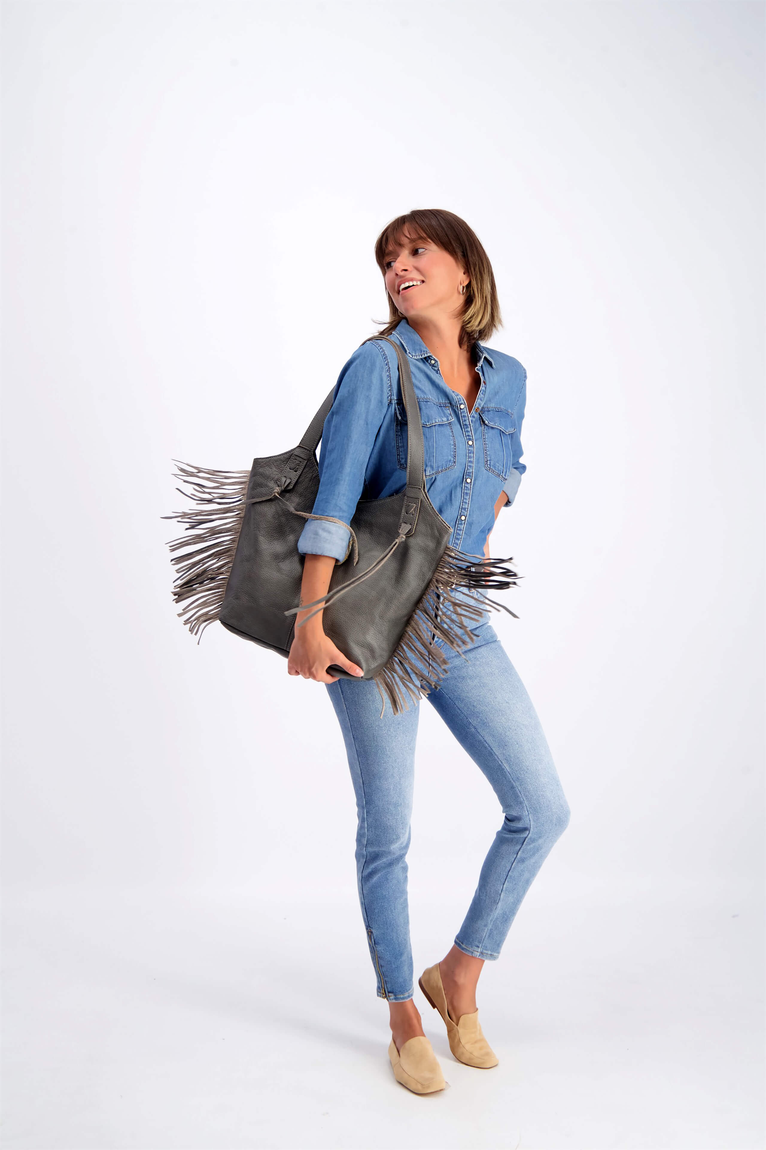 Fringe Shoulder Tote Bag, Brown Leather Fringe Purse | Mayko Bags Gray