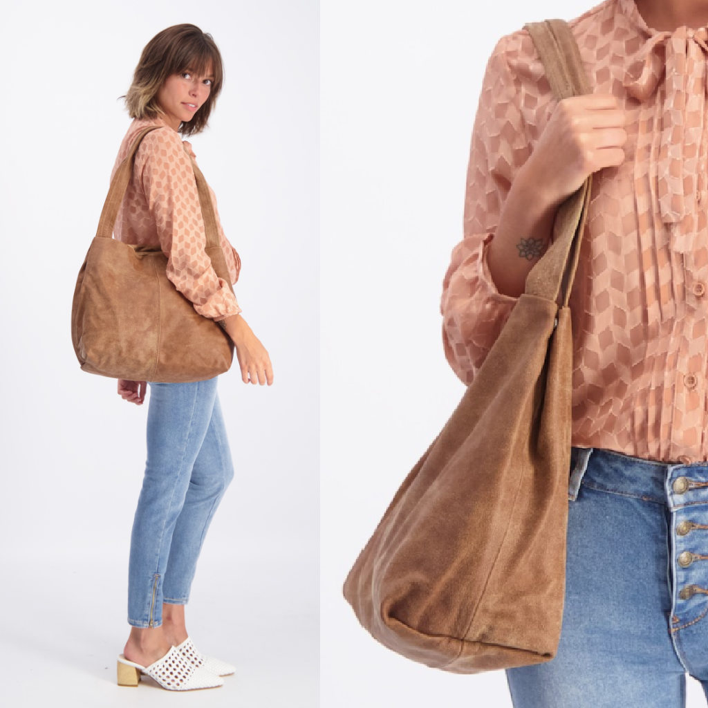 Real Suede Soft Tan Slouchy Style Bag Made in Italy Everyday 